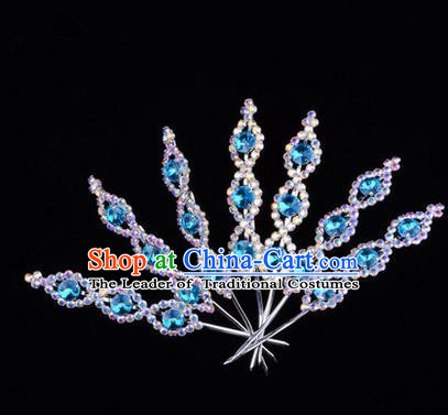 Chinese Ancient Peking Opera Head Accessories Young Lady Diva Crystal Headwear Blue Hairpins, Traditional Chinese Beijing Opera Hua Tan Head-ornaments