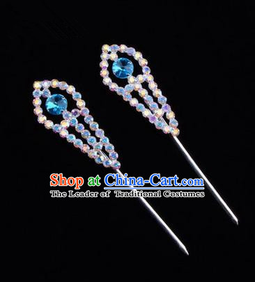 Chinese Ancient Peking Opera Head Accessories Young Lady Diva Colorful Crystal Headwear Blue Hairpins, Traditional Chinese Beijing Opera Hua Tan Head-ornaments