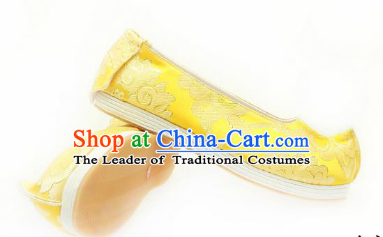 Chinese Ancient Peking Opera Young Lady Wedding Shoes, Traditional Chinese Ancient Princess Hanfu Cloth Shoes Bride Yellow Bow Shoes for Women