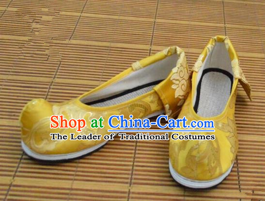 Chinese Ancient Peking Opera Young Lady Crested Shoes, Traditional Chinese Ancient Princess Hanfu Cloth Shoes Yellow Bow Shoes for Women