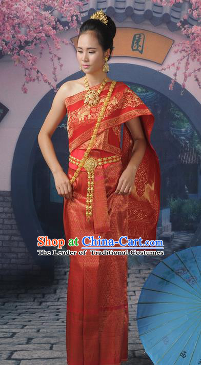 Traditional Thailand Ancient Handmade Young Lady Wedding Costumes, Traditional Thai China Dai Nationality Red Dress Clothing for Women