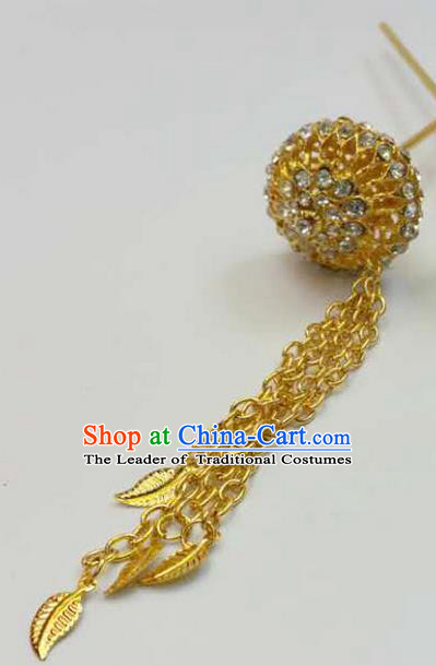 Traditional Thailand Ancient Handmade Hair Jewelry Accessories, Traditional Thai China Dai Nationality Golden Hairpins Crystal Hair Stick for Women