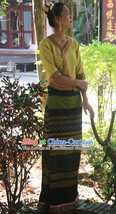 Traditional Thailand Ancient Handmade Female Costumes, Traditional Thai Uniform China Dai Nationality Dark Khaki Dress Clothing for Women