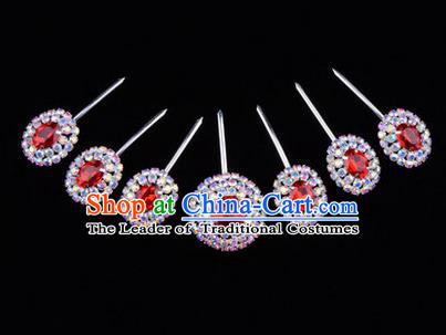 Chinese Ancient Peking Opera Head Accessories Young Lady Diva Colorful Crystal Red Hairpins Complete Set, Traditional Chinese Beijing Opera Hua Tan Hair Clasp Head-ornaments