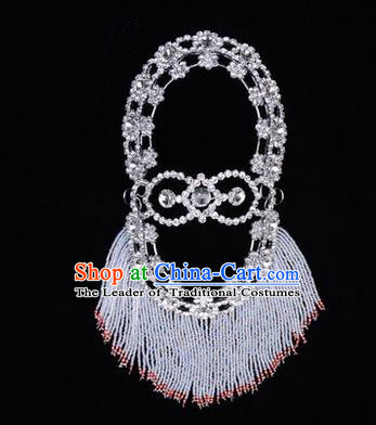 Chinese Ancient Peking Opera Head Accessories Young Lady Diva White Crystal Hairpins Back Temples Curtain, Traditional Chinese Beijing Opera Hua Tan Hair Clasp Head-ornaments