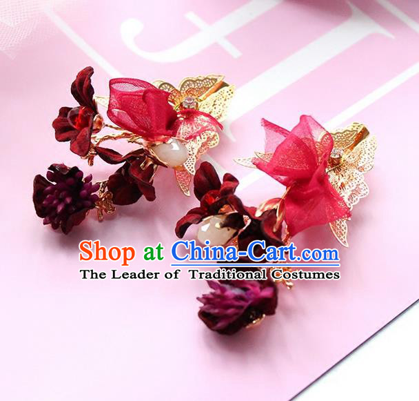 Top Grade Handmade Wedding Bride Hair Accessories Red Flower Headwear, Traditional Princess Baroque Hair Clips for Women