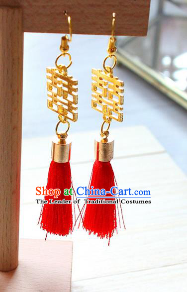 Top Grade Handmade Wedding Bride Accessories Earrings, Traditional Princess Wedding Red Tassel Eardrop for Women