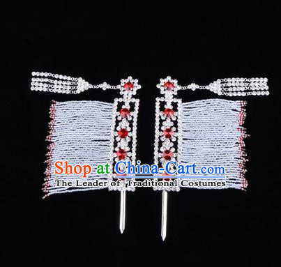 Chinese Ancient Peking Opera Head Accessories Young Lady Diva Red Crystal Hairpins Temples Curtain, Traditional Chinese Beijing Opera Hua Tan Hair Clasp Head-ornaments