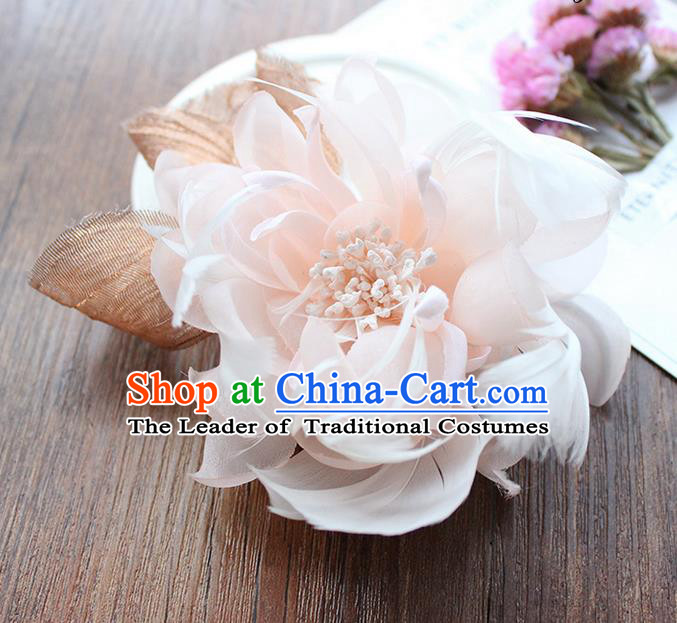 Top Grade Handmade Wedding Bride Hair Accessories Headwear, Traditional Princess Baroque Feather Pink Flower Hairpin Wedding Headpiece for Women
