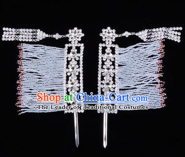 Chinese Ancient Peking Opera Head Accessories Young Lady Diva White Crystal Hairpins Temples Curtain, Traditional Chinese Beijing Opera Hua Tan Hair Clasp Head-ornaments