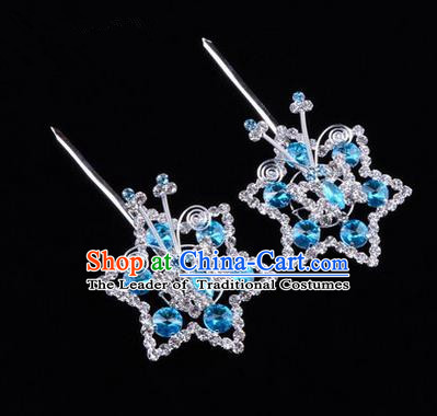 Chinese Ancient Peking Opera Head Accessories Diva Blue Crystal Hexagonal Hairpins, Traditional Chinese Beijing Opera Princess Hua Tan Hair Clasp Head-ornaments