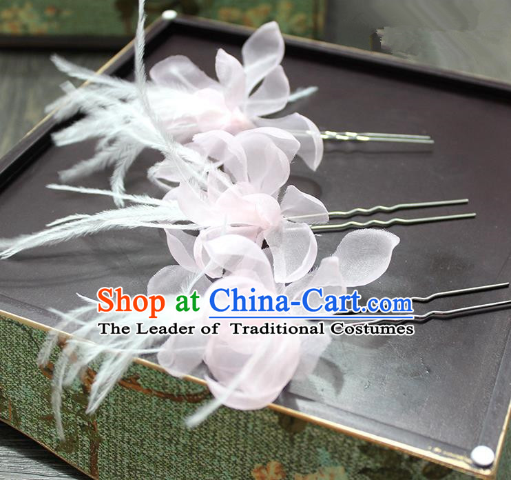 Top Grade Handmade Wedding Bride Hair Accessories Hairpins, Traditional Baroque Queen Feather Pink Silk Hair Stick Wedding Headpiece for Women