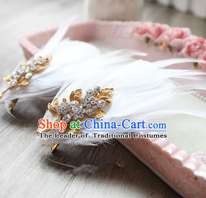 Top Grade Handmade Wedding Bride Hair Accessories Feather Hairpin Hair Clip, Traditional Princess Baroque Headpiece for Women