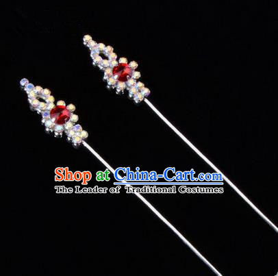 Chinese Ancient Peking Opera Head Accessories Diva Colorful Red Crystal Hairpins, Traditional Chinese Beijing Opera Princess Hua Tan Hair Clasp Head-ornaments GuDuo Needle