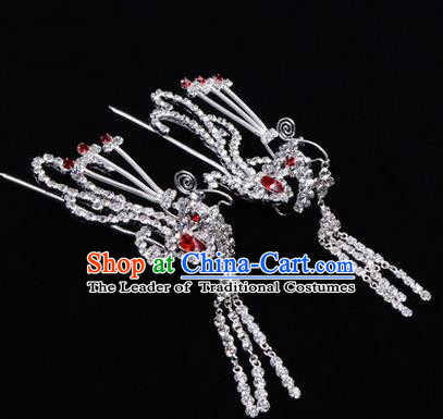 Chinese Ancient Peking Opera Head Accessories Diva Colorful Crystal Red Phoenix Tassel Hairpins, Traditional Chinese Beijing Opera Princess Hua Tan Hair Clasp Head-ornaments