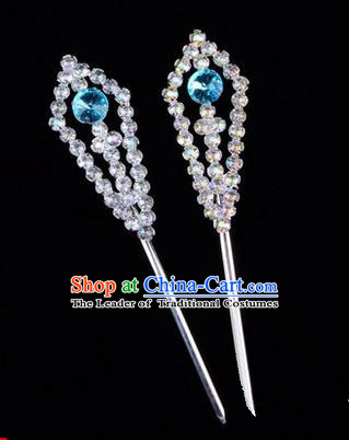 Chinese Ancient Peking Opera Head Accessories Diva Blue Crystal Pointed Temples Hairpins, Traditional Chinese Beijing Opera Princess Hua Tan Hair Clasp Head-ornaments