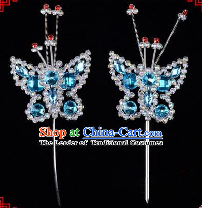 Chinese Ancient Peking Opera Head Accessories Diva Blue Crystal Beads Butterfly Hairpins, Traditional Chinese Beijing Opera Princess Hua Tan Hair Clasp Head-ornaments