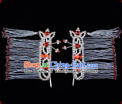 Chinese Ancient Peking Opera Hair Accessories Young Lady Diva Red Crystal Hairpins Tassel Temples Curtain, Traditional Chinese Beijing Opera Hua Tan Head Ornaments