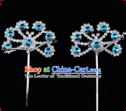 Chinese Ancient Peking Opera Hair Accessories Young Lady Diva Blue Crystal Beads Hairpins, Traditional Chinese Beijing Opera Hua Tan Head Ornaments Hair Clasp