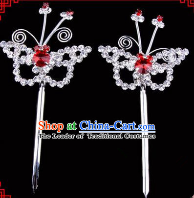 Chinese Ancient Peking Opera Head Accessories Diva Red Crystal Hairpins, Traditional Chinese Beijing Opera Princess Hua Tan Butterfly Hair Clasp Head-ornaments