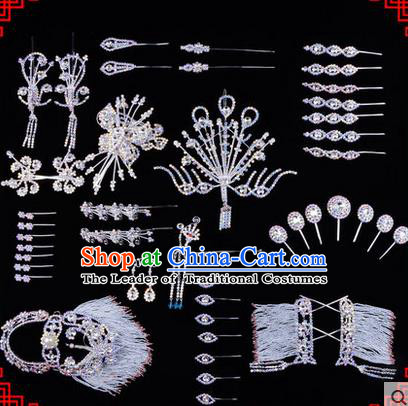 Chinese Ancient Peking Opera Head Accessories Diva White Crystal Hairpins, Traditional Chinese Beijing Opera Princess Hua Tan Hair Clasp Head-ornaments Complete Set