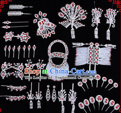 Chinese Ancient Peking Opera Head Accessories Diva Red Crystal Phoenix Coronet Hairpins, Traditional Chinese Beijing Opera Princess Hua Tan Hair Clasp Head-ornaments Complete Set