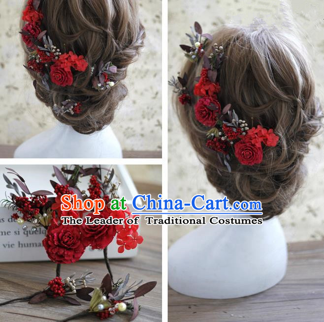 Top Grade Handmade Wedding Bride Hair Accessories Red Flowers Headwear, Traditional Princess Baroque Hair Stick Headpiece Hairpins Complete Set for Women