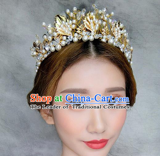 Top Grade Handmade Wedding Hair Accessories Bride Pearl Hair Crown, Traditional Baroque Princess Royal Crown Wedding Headwear for Women
