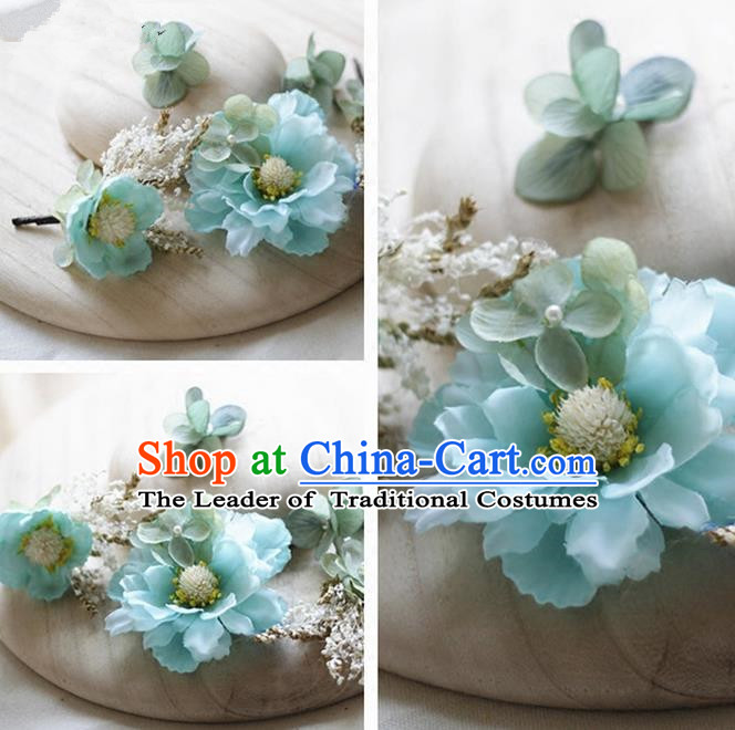 Top Grade Handmade Wedding Bride Hair Accessories Blue Silk Flower Hair Stick Complete Set, Traditional Princess Baroque Hairpins Headpiece for Women