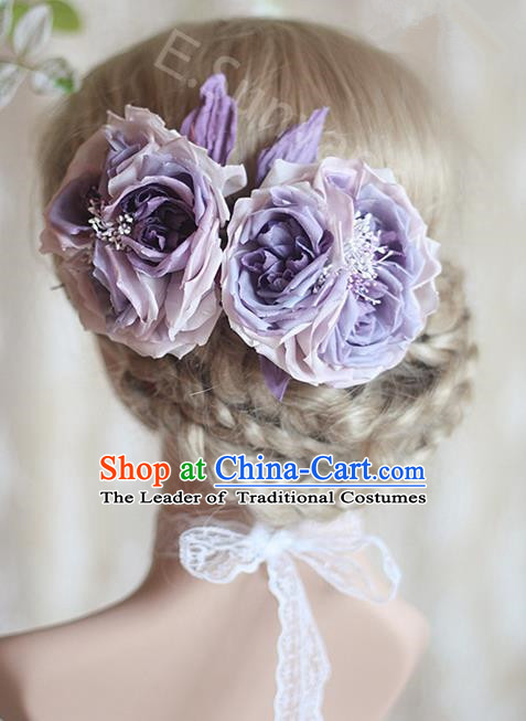 Top Grade Handmade Wedding Bride Hair Accessories Purple Silk Rose Flower Hair Stick, Traditional Princess Baroque Hairpin Headpiece for Women