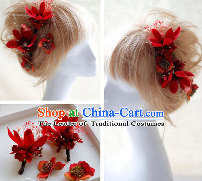 Top Grade Handmade Wedding Bride Hair Accessories Red Flowers Hair Claws, Traditional Princess Baroque Hairpin Headpiece for Women