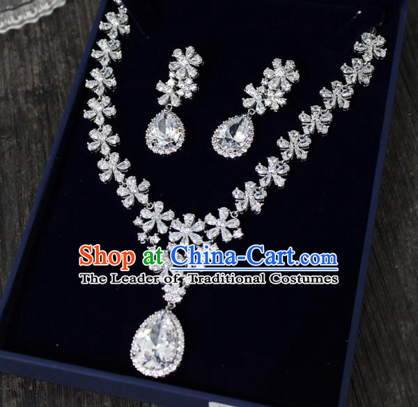 Top Grade Handmade China Wedding Bride Accessories Zircon Necklace and Earrings, Traditional Princess Wedding Crystal Earbob Jewelry for Women