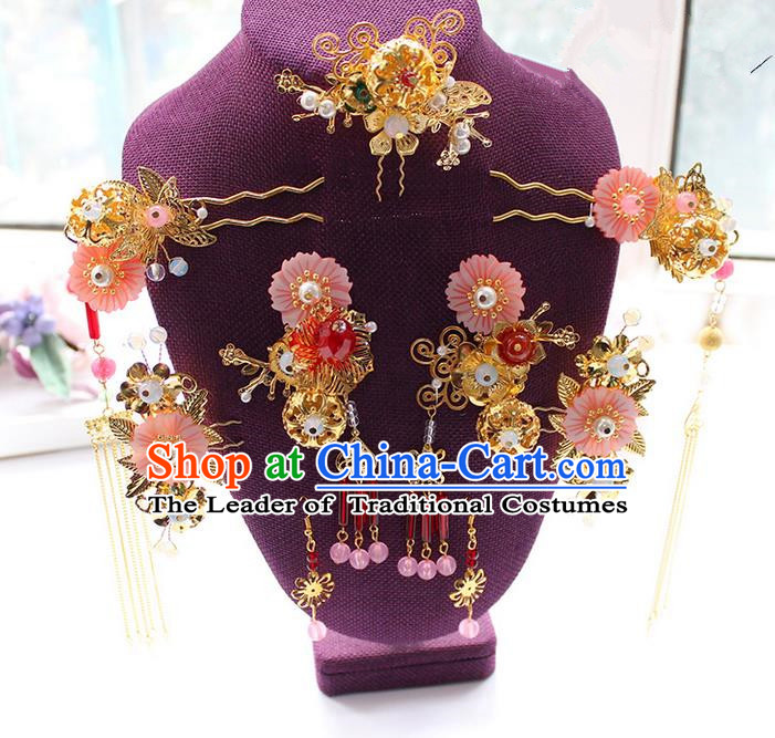 Top Grade Chinese Handmade Wedding Pink Shell Hair Accessories Complete Set, Traditional China Xiuhe Suit Bride Phoenix Coronet Hairpins Headwear for Women