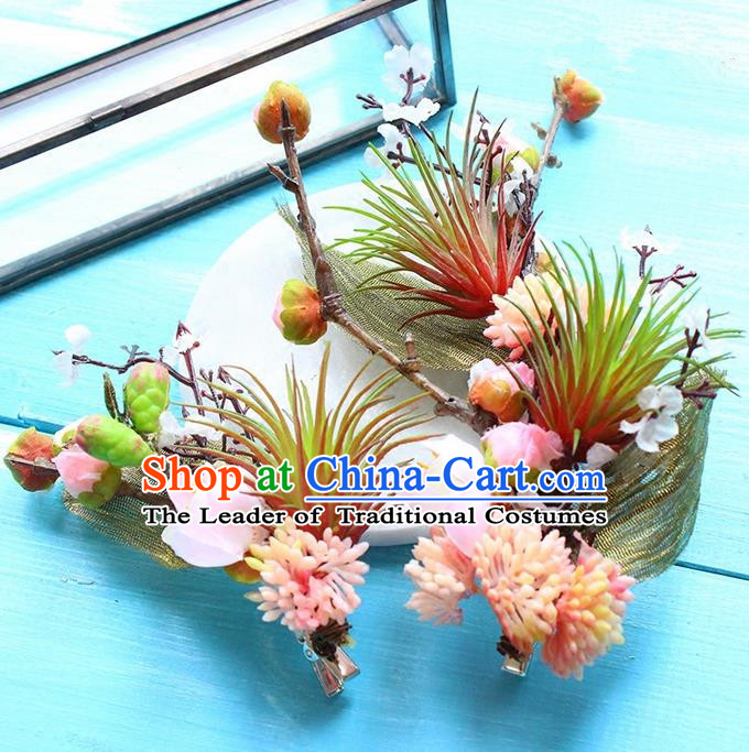 Top Grade Handmade Wedding Bride Hair Accessories Pink Flowers Hair Stick, Traditional Princess Baroque Hair Claws Headpiece for Women