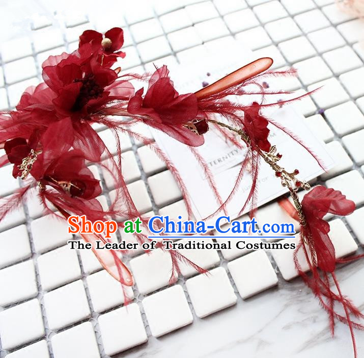 Top Grade Handmade Wedding Bride Hair Accessories Red Silk Flower Hair Stick, Traditional Princess Baroque Hair Clasp Headband Headpiece for Women