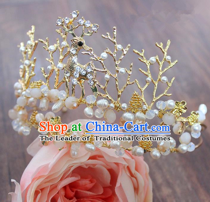 Top Grade Handmade Wedding Hair Accessories Bride Vintage Deer Crown, Traditional Baroque Pearl Royal Crown Wedding Headwear for Women