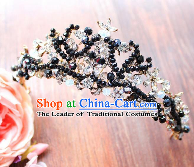 Top Grade Handmade Wedding Hair Accessories Bride Vintage Black Beads Crown, Traditional Baroque Crystal Royal Crown Wedding Headwear for Women