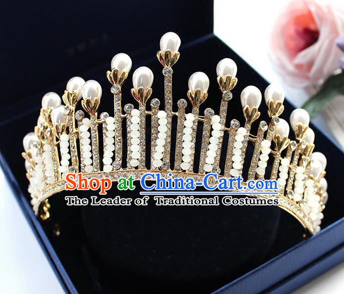 Top Grade Handmade Wedding Hair Accessories Bride Vintage Crystal Beads Crown, Traditional Baroque Pearl Royal Crown Wedding Headwear for Women