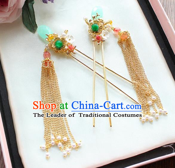Top Grade Chinese Handmade Wedding Jade Hair Accessories Tassel Step Shake, Traditional China Xiuhe Suit Bride Hairpins Headdress for Women