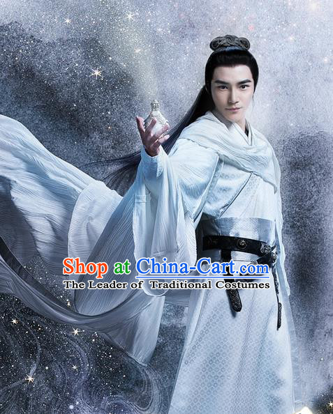 Traditional Ancient Chinese Swordsman Costume and Handmade Headpiece Complete Set, Elegant Hanfu Clothing Chinese Kawaler Clothing for Men