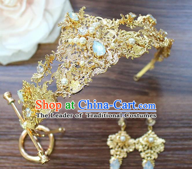 Top Grade Handmade Wedding Hair Accessories Bride Vintage Golden Crown and Earrings, Traditional Baroque Queen Crystal Royal Crown Wedding Headwear Complete Set for Women