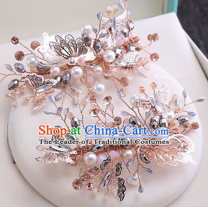 Top Grade Handmade Wedding Bride Hair Accessories Butterfly Hair Claw, Traditional Baroque Princess Pearl Hair Stick Headpiece for Women