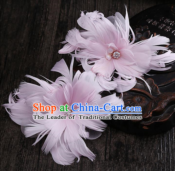 Top Grade Handmade Wedding Bride Hair Accessories Pink Feather Hair Claw Hairpin, Traditional Baroque Princess Hair Stick Headband Headpiece for Women