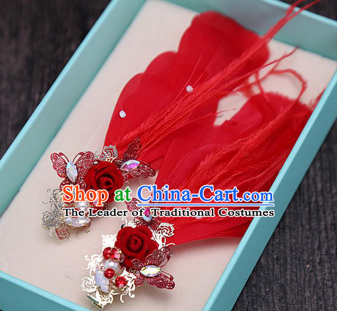 Top Grade Handmade Wedding Bride Hair Accessories Red Feather Hair Claw, Traditional Baroque Princess Hair Stick Headpiece for Women
