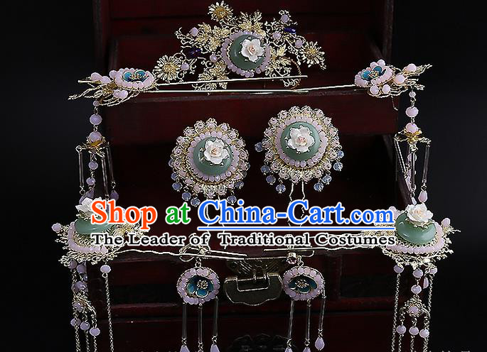 Top Grade Chinese Handmade Wedding Jade Hair Accessories Hair Comb, Traditional China Xiuhe Suit Bride Tassel Headdress Hairpins Complete Set for Women