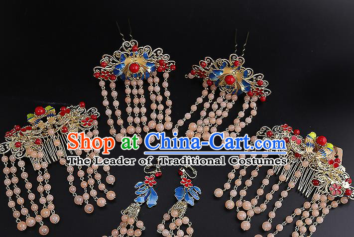 Top Grade Chinese Handmade Wedding Hair Accessories Forehead Ornament, Traditional China Xiuhe Suit Bride Tassel Hairpins Complete Set for Women