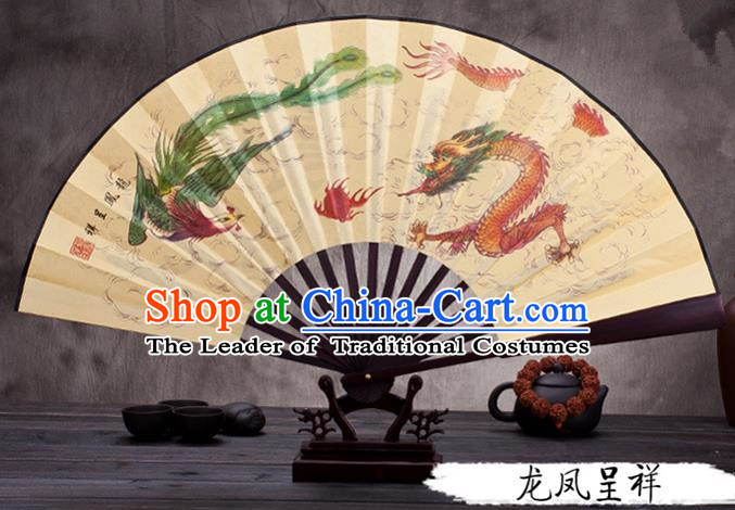 Traditional Chinese Ancient Peking Opera Accessories Scholar Ink Painting Dragon and Phoenix Fan, Traditional Chinese Beijing Opera Young Men Props Folding Fans