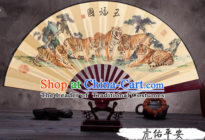 Traditional Chinese Ancient Peking Opera Accessories Scholar Ink Painting Tigers Fan, Traditional Chinese Beijing Opera Young Men Props Folding Fans