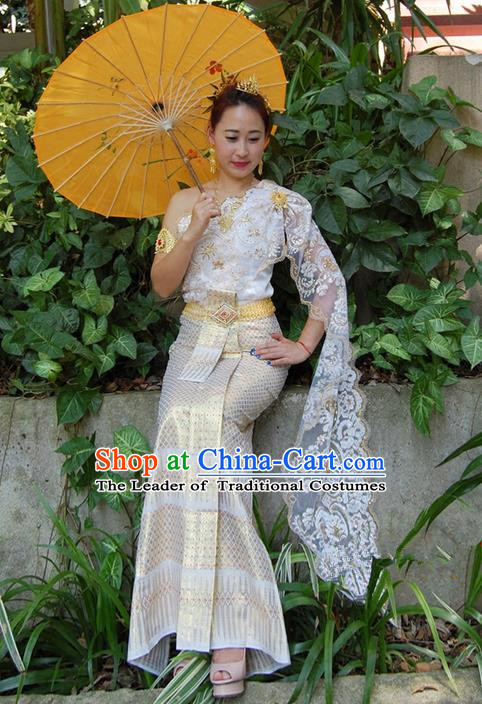 Traditional Traditional Thailand Female Clothing, Southeast Asia Thai Ancient Costumes Dai Nationality Wedding Bride White Sari Dress for Women