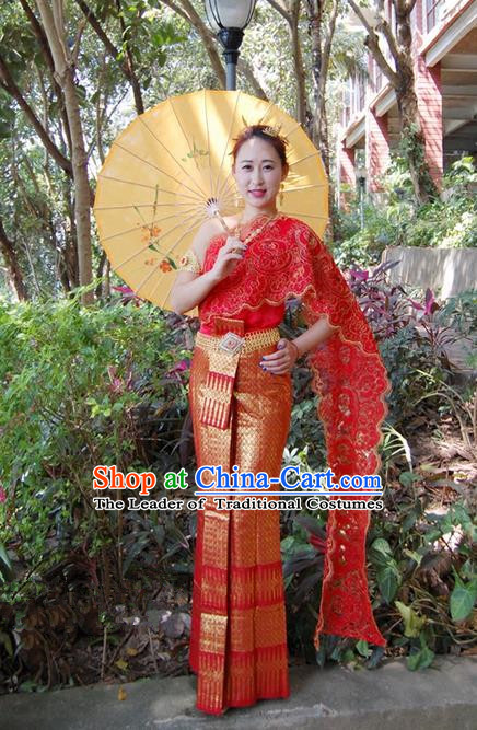 Traditional Traditional Thailand Female Bride Clothing, Southeast Asia Thai Ancient Costumes Dai Nationality Wedding Red Sari Dress for Women